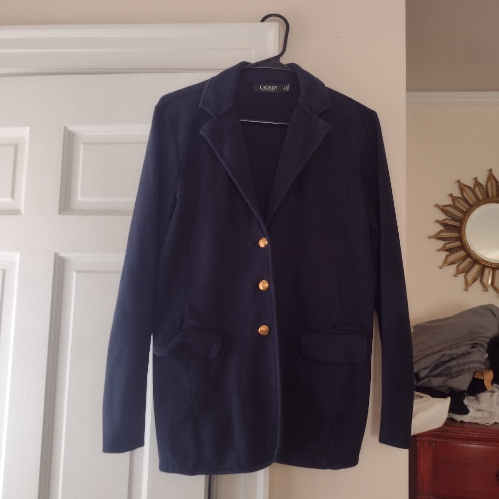 Ralph Lauren Navy knit blazer with gold buttons
